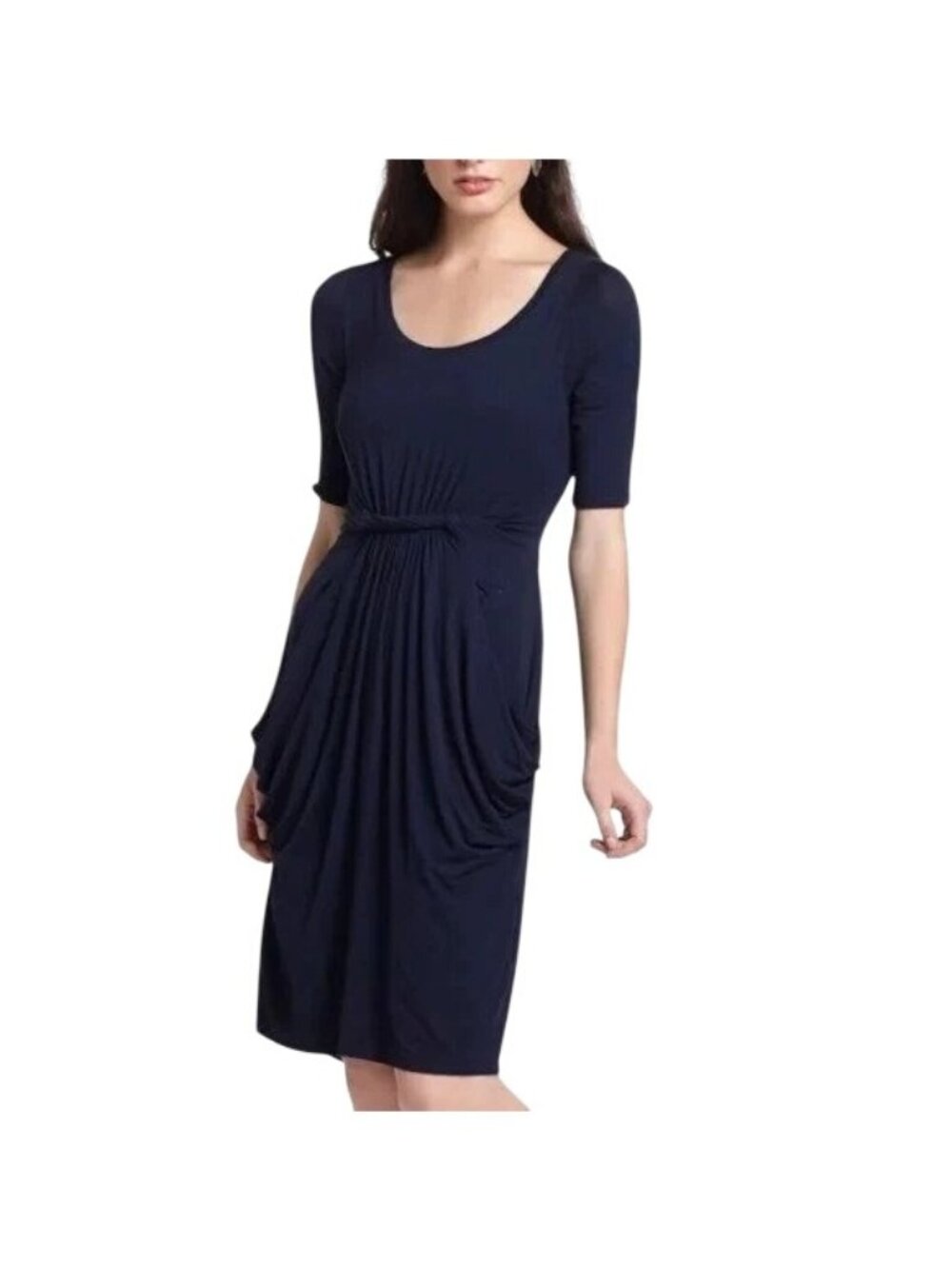 Anthropologie Meadow Rue Chignon Jersey Dress Small Twisted Front Navy Blue Chic